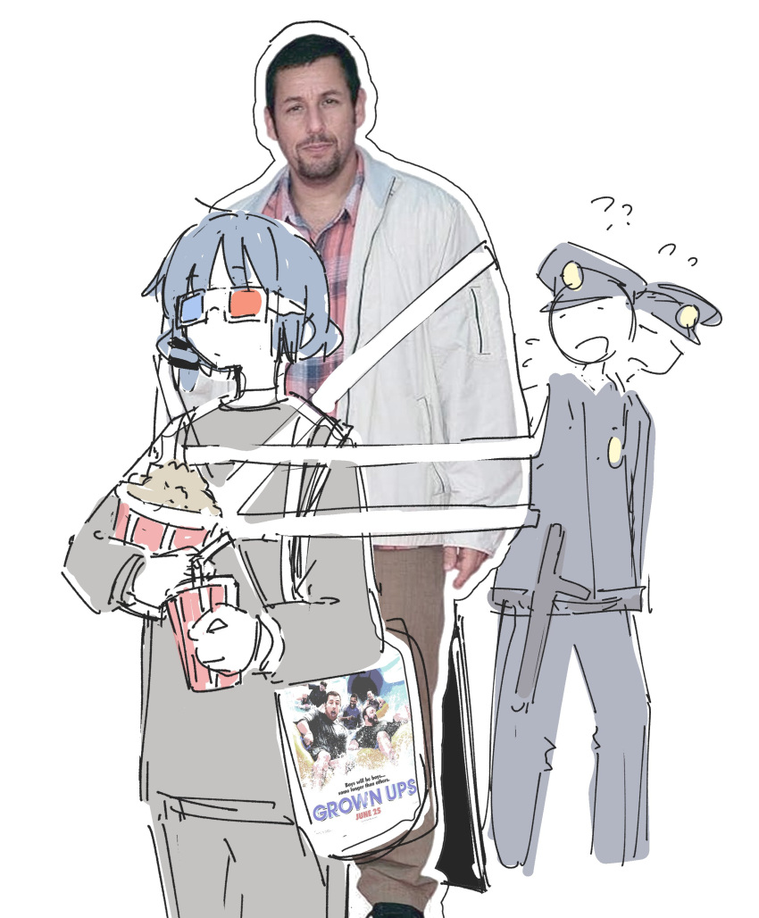 1girl, 2boys, 3d_glasses, absurdres, adam_sandler, badge, baton_(weapon), blue_hair, bocchi_the_rock!, cup, disposable_cup, flying_sweatdrops, food, grey_pants, grey_shirt, hair_ornament, hairclip, highres, holding, holding_cup, holding_food, long_sleeves, machuuu68, multiple_boys, pants, police, police_badge, police_uniform, popcorn, shirt, simple_background, soda, sweat, sweatdrop, uniform, weapon, white_background, yamada_ryo, yellow_eyes