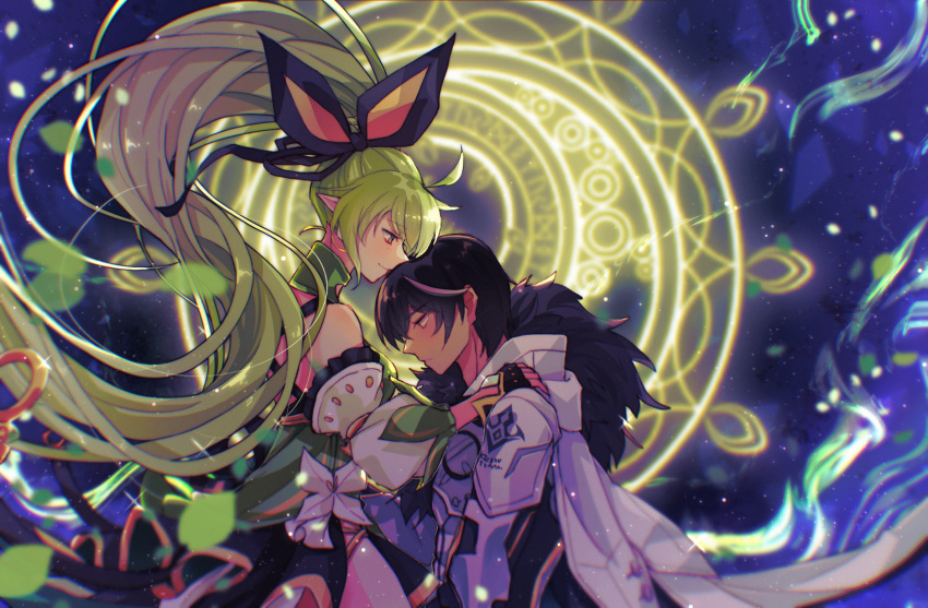 1boy, 1girl, amethyst97722, anemos_(elsword), bare_shoulders, black_fur, black_hair, breasts