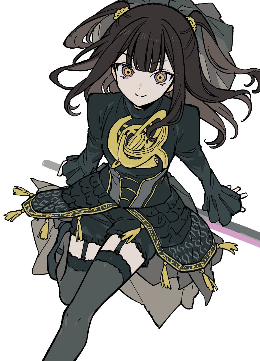 1girl, black_dress, black_thighhighs, brown_hair, dress, garter_straps, highres, kamen_rider