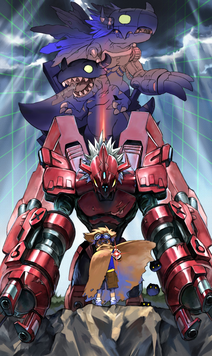 1boy, absurdres, arm_cannon, armor, blitzgreymon, blue_shirt, botamon, brown_cape