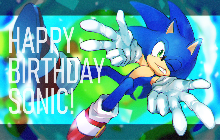 1boy, animal_ears, animal_nose, commentary_request, full_body, furry, furry_male, gloves, green_eyes, grin, happy_birthday, highres, looking_at_viewer, male_focus, one_eye_closed, red_footwear, shichi_shichi07, shoes, smile, solo, sonic_(series), sonic_the_hedgehog, tail, white_gloves