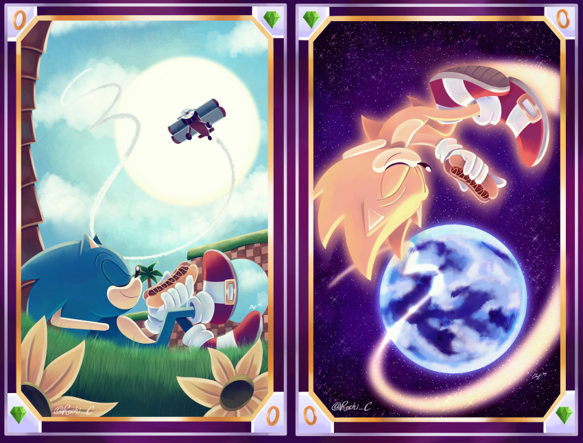 2boys, absurdres, aircraft, airplane, animal_ears, animal_nose, arm_behind_head, biplane