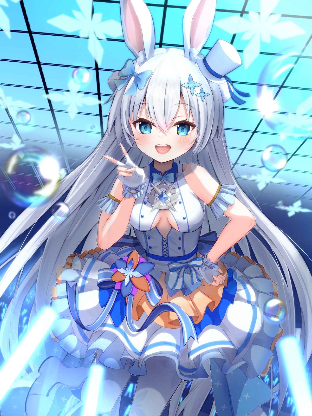 1girl, animal_ears, blue_eyes, breasts, bubble, commentary, fingerless_gloves, gloves