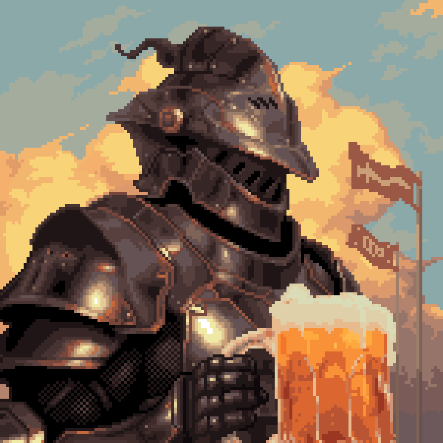 1other, alcohol, armor, beer, beer_mug, black_armor, blue_sky, clouds, cup, english_commentary, evening, flag, holding, holding_cup, knight, medieval, mug, original, other_focus, outdoors, pixel_art, pixellquests, portrait, sky, solo, wind