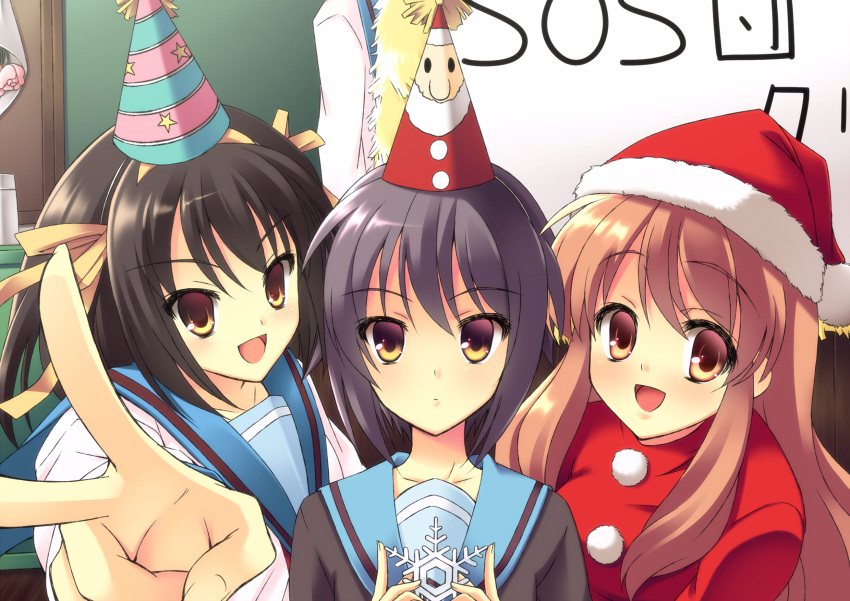 brown_eyes, brown_hair, grey_hair, hair_ribbon, hat, highres, long_hair, nagato_yuki