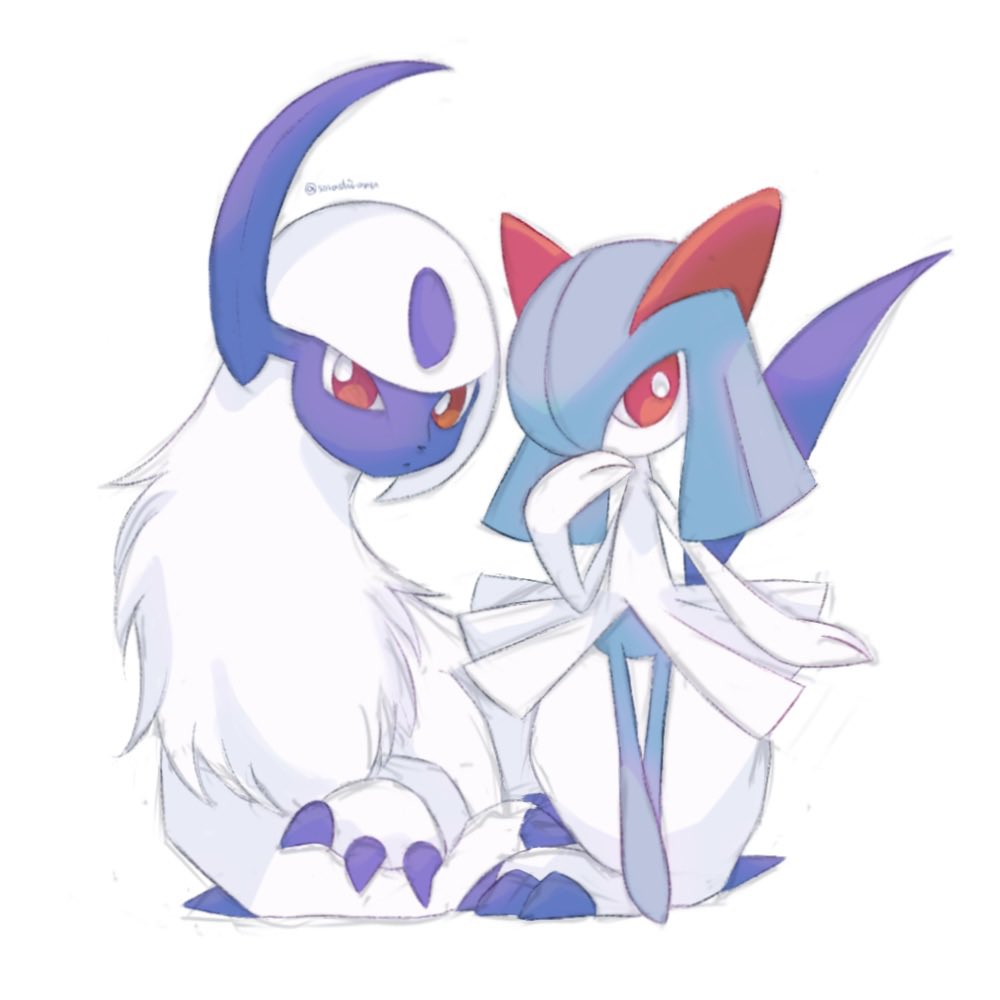 absol, artist_name, claws, colored_skin, covering_own_mouth, green_hair, hair_over_one_eye, hand_over_own_mouth, horns, kirlia, multicolored_skin, pokemon, pokemon_(creature), red_eyes, sidelocks, simple_background, single_horn, sorashiramu, two-tone_skin, white_background, white_fur, white_skin