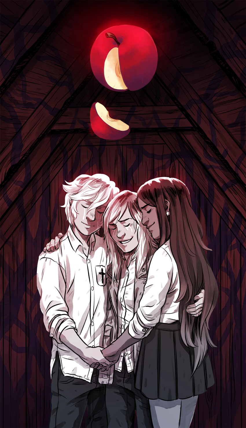 3girls, absurdres, apple, apple_slice, black_pants, black_skirt, blonde_hair, brown_hair
