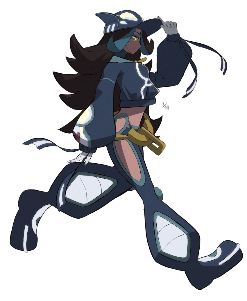 1girl, alternate_costume, alternate_eye_color, baseball_cap, big_hair, black_hair, blue_eyeshadow, blue_hair, bodysuit, breasts, chain, chain_belt, clothing_cutout, cosplay, crop_top, dark-skinned_female, dark_skin, diving_suit, eyeshadow, gloves, hair_over_one_eye, hat, highres, ida_(idalol490), kyogre, kyogre_(cosplay), long_hair, long_sleeves, makeup, midriff, pokemon, pokemon_oras, shelly_(pokemon), signature, team_aqua, thigh_cutout, very_long_hair, wetsuit, white_background, white_gloves