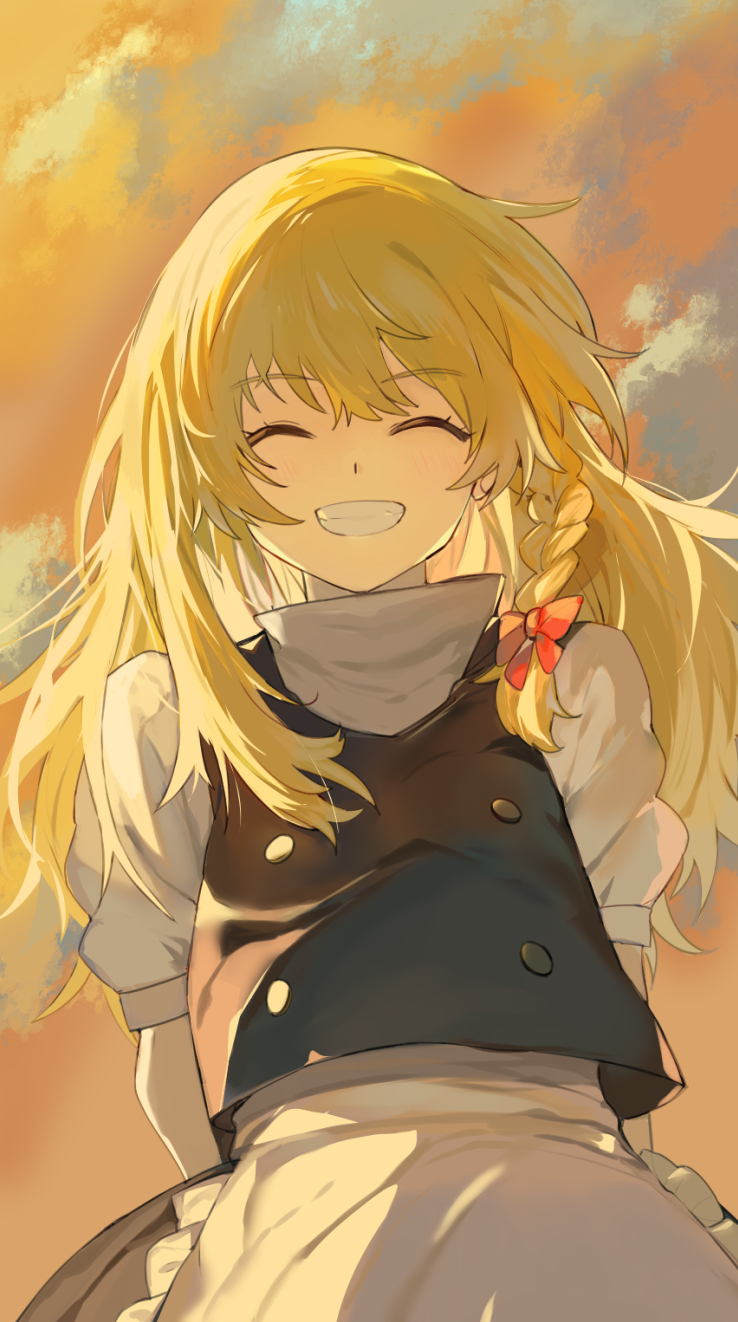 1girl, apron, arms_behind_back, black_vest, blonde_hair, bow, braid, closed_eyes