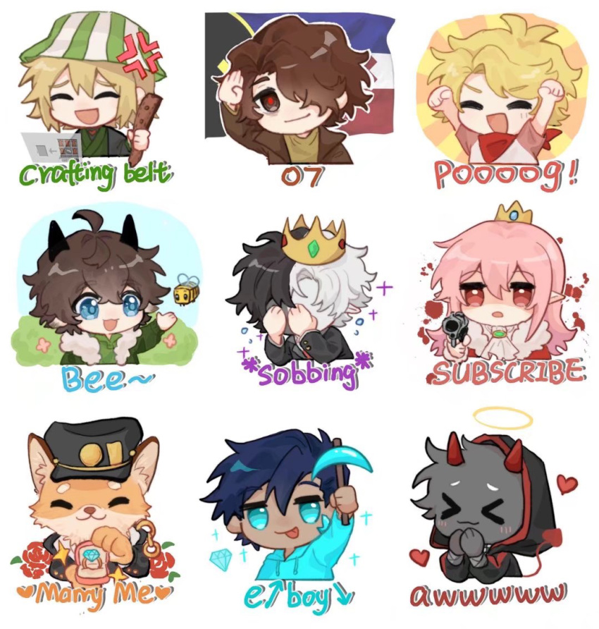 >_<, 1other, 6+boys, adapted_costume, ahoge, androgynous, angry, badboyhalo