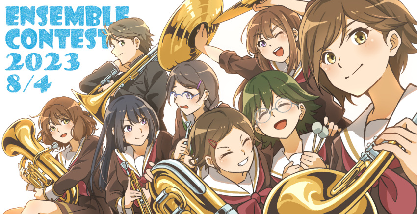 1boy, 6+girls, black_hair, brown_eyes, brown_hair, cymbals, drumsticks, euphonium