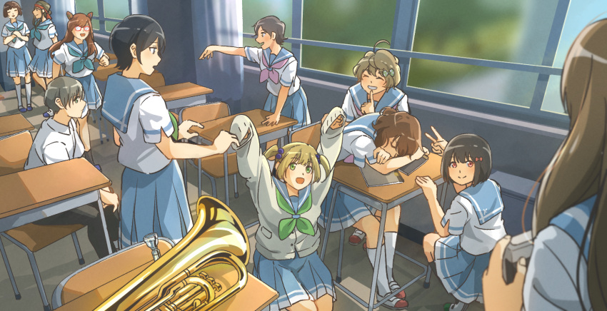 1boy, 6+girls, black_hair, blonde_hair, bow, brown_hair, camera, chair
