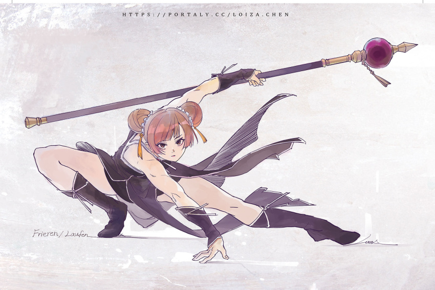1girl, black_dress, black_footwear, boots, brown_eyes, brown_hair, character_name, closed_mouth