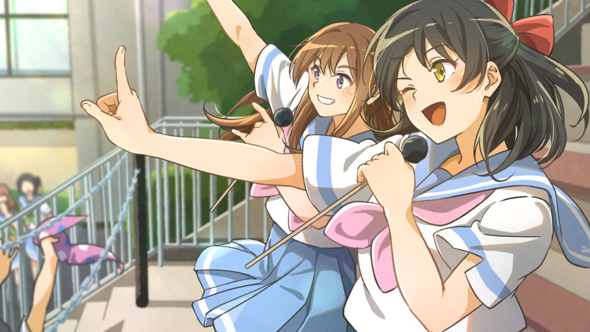 2others, 4girls, arm_up, black_hair, bow, brown_hair, drumsticks, fuyuhino