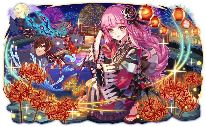 1girl, 4others, animal, animal_ears, back_bow, black_bow, black_collar, black_flower