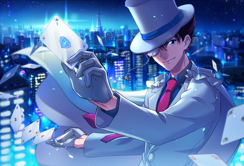 1boy, blown_away, blue_eyes, brown_hair, cape, card, cityscape, clenched_teeth