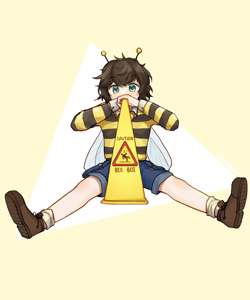 1boy, adapted_costume, aqua_eyes, bee_boy, bee_wings, brown_footwear, brown_hair, caution