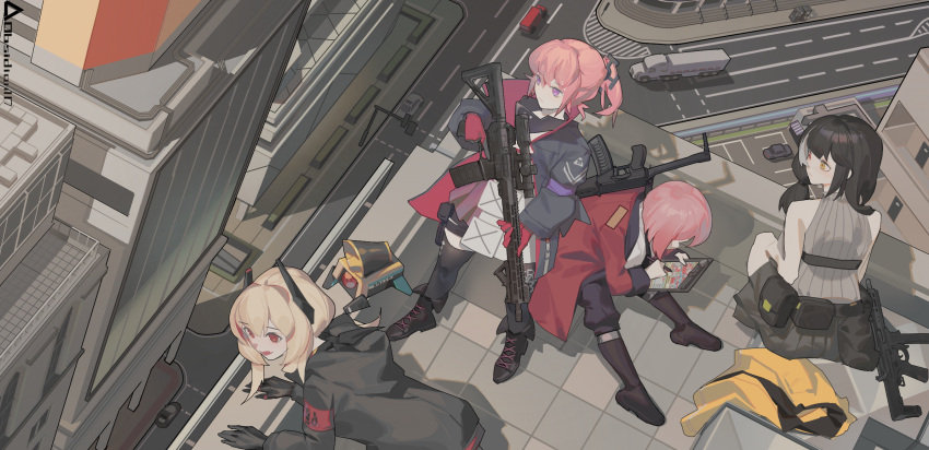 4girls, ar-15, armband, as_val, assault_rifle, banana_(girls'_frontline), bare_shoulders, black_gloves, black_hair, black_jacket, black_necktie, black_skirt, blonde_hair, building, car, city, coat, colt_9mm_smg, commentary_request, female_commander_(girls'_frontline), girls_frontline, gloves, grey_hair, griffin_&amp;_kryuger_military_uniform, gun, hair_between_eyes, hair_ornament, headgear, highres, holding, holding_gun, holding_tablet_pc, holding_weapon, jacket, kalashnikov_rifle, long_hair, long_sleeves, looking_down, m4_sopmod_ii_(girls'_frontline), megaphone, motor_vehicle, multicolored_hair, multiple_girls, necktie, non-humanoid_robot, on_roof, open_mouth, pink_hair, red_armband, red_coat, red_eyes, red_gloves, redhead, rifle, ro635_(girls'_frontline), road, robot, rosetta(obsidian117), scope, shadow, shirt, sitting_on_roof, skirt, sleeveless, sleeveless_sweater, smile, st_ar-15_(girls'_frontline), standing_on_roof, streaked_hair, street, sweater, tablet_pc, two-tone_hair, unworn_jacket, weapon, white_shirt