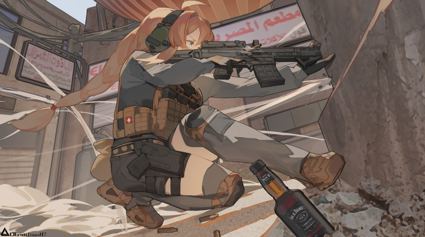 1girl, ahoge, arabic_text, artist_name, black_gloves, blonde_hair, blue_eyes, brown_footwear, commentary_request, cz_805_bren, day, ear_protection, full_body, gloves, gun, h&amp;k_usp, handgun, highres, holding, holding_gun, holding_weapon, indie_virtual_youtuber, jack_daniel's, knee_pads, leg_holster, load_bearing_vest, long_hair, long_sleeves, mixed-language_commentary, optical_sight, outdoors, rosetta(obsidian117), scope, shorts, solo, swiss_flag, thigh-highs, virtual_youtuber, weapon, whiskey_project