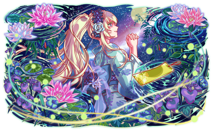 altair_(star), animal_print, aqua_flower, aqua_kimono, aqua_rose, aquila_(constellation), artistic_error, back_bow, back_ribbon, blonde_eyebrows, blonde_hair, blue_bow, blue_flower, blue_outline, blue_ribbon, blue_sash, bow, bud, butterfly_print, cel_shading, character_request, closed_mouth, colored_eyelashes, constellation, cowboy_shot, crash_fever, cross-laced_hairband, cross-laced_sash, cygnus_(constellation), deneb_(star), floral_print_kimono, floral_print_sleeves, flower, flower_request, frilled_hairband, frills, from_side, full_moon, game_cg, grass, hair_between_eyes, hair_ribbon, hairband, high_ponytail, iris_(flower), japanese_clothes, kimono, leaf, light_particles, lily_pad, lips, lolita_hairband, long_hair, long_sidelocks, looking_up, moon, night, night_sky, obi, official_art, outdoors, outline, own_hands_together, pink_flower, ponytail, purple_flower, purple_hairband, red_outline, reflection, reflective_water, ribbon, rose, sash, saturated, see-through_ribbon, sky, smile, solo, star_(sky), summer, tachi-e, tanabata, tanzaku, teeth, transparent_background, triangle, very_long_hair, water_lily_flower, white_flower