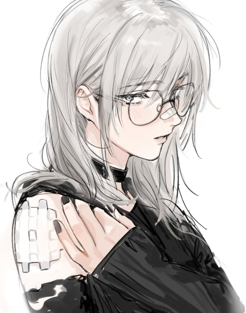 1girl, bandaid, bandaid_on_face, bandaid_on_nose, bandaid_on_shoulder, black_choker, black_nails, blush