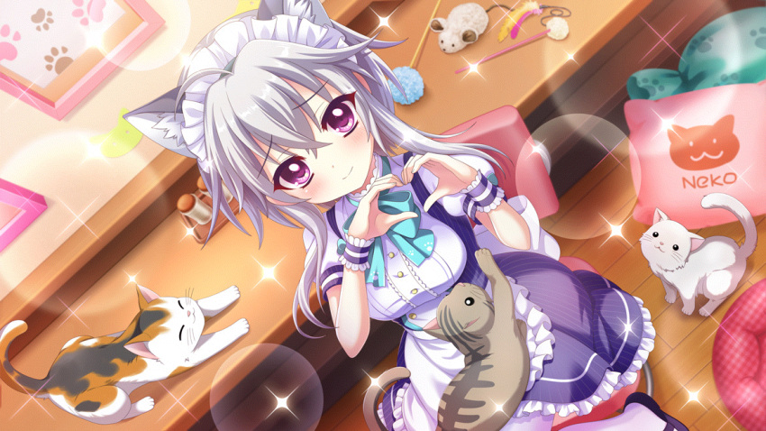 1girl, alternate_costume, animal, animal_ear_fluff, animal_ears, aqua_bow, blue_dress, bow