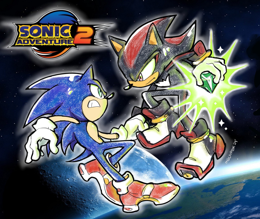 2boys, absurdres, animal_ears, animal_nose, chaos_emerald, clenched_teeth, commentary, earth_(planet), english_commentary, full_body, furry, furry_male, gloves, glowing, green_eyes, highres, holding, looking_at_another, male_focus, moliupok, moon, multiple_boys, planet, red_eyes, red_footwear, shadow_the_hedgehog, shoes, soap_shoes, sonic_(series), sonic_adventure_2, sonic_the_hedgehog, space, star_(sky), tail, teeth, white_gloves
