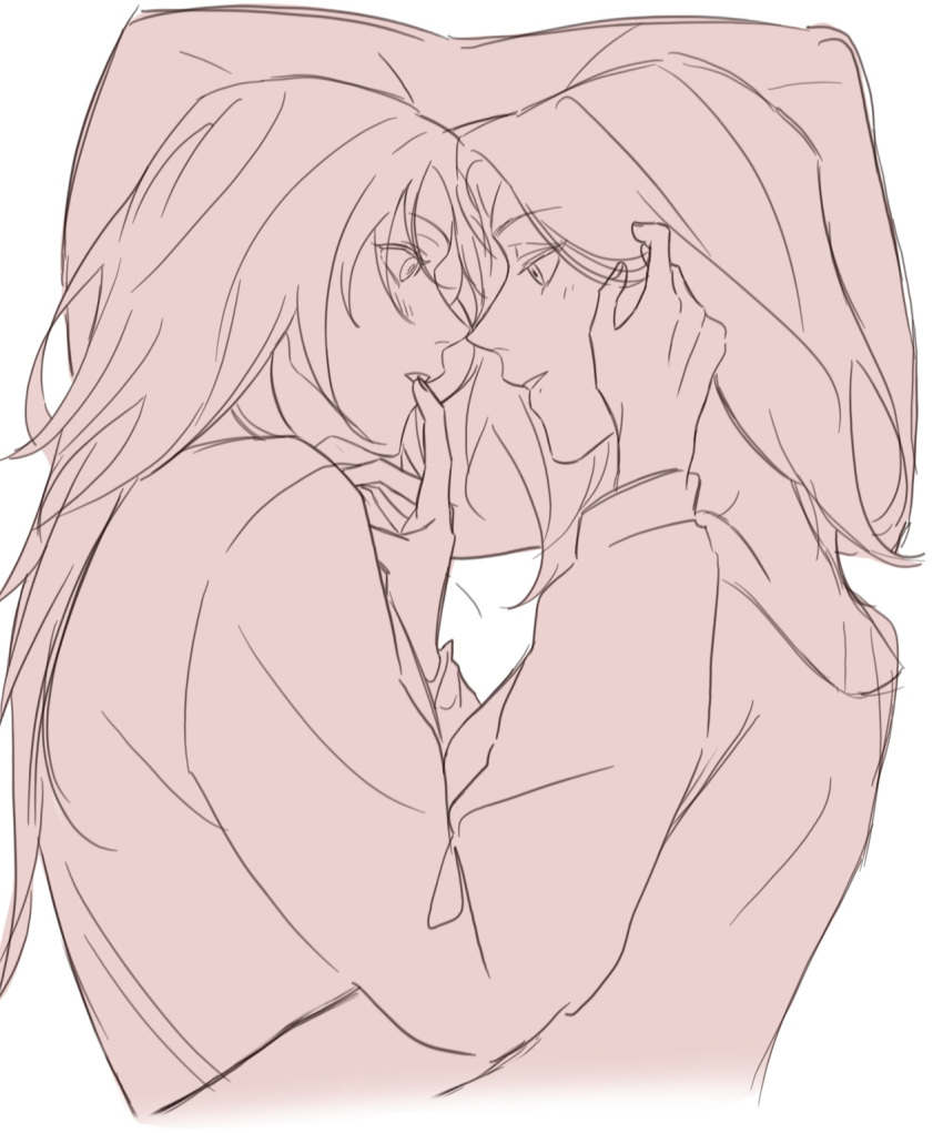 2girls, chief_(path_to_nowhere), commentary_request, cuddling, eye_contact, female_chief_(path_to_nowhere), finger_to_another's_mouth, hand_in_another's_hair, highres, korean_commentary, langley_(path_to_nowhere), long_hair, long_sleeves, looking_at_another, lying, medium_hair, monochrome, multiple_girls, noses_touching, on_bed, on_side, path_to_nowhere, pillow, profile, widow_luv, yuri