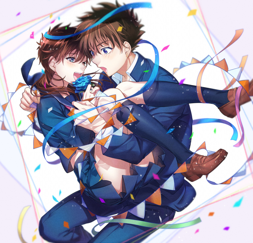 1boy, 1girl, blue_eyes, blue_flower, blue_ribbon, blue_rose, brown_hair, carrying
