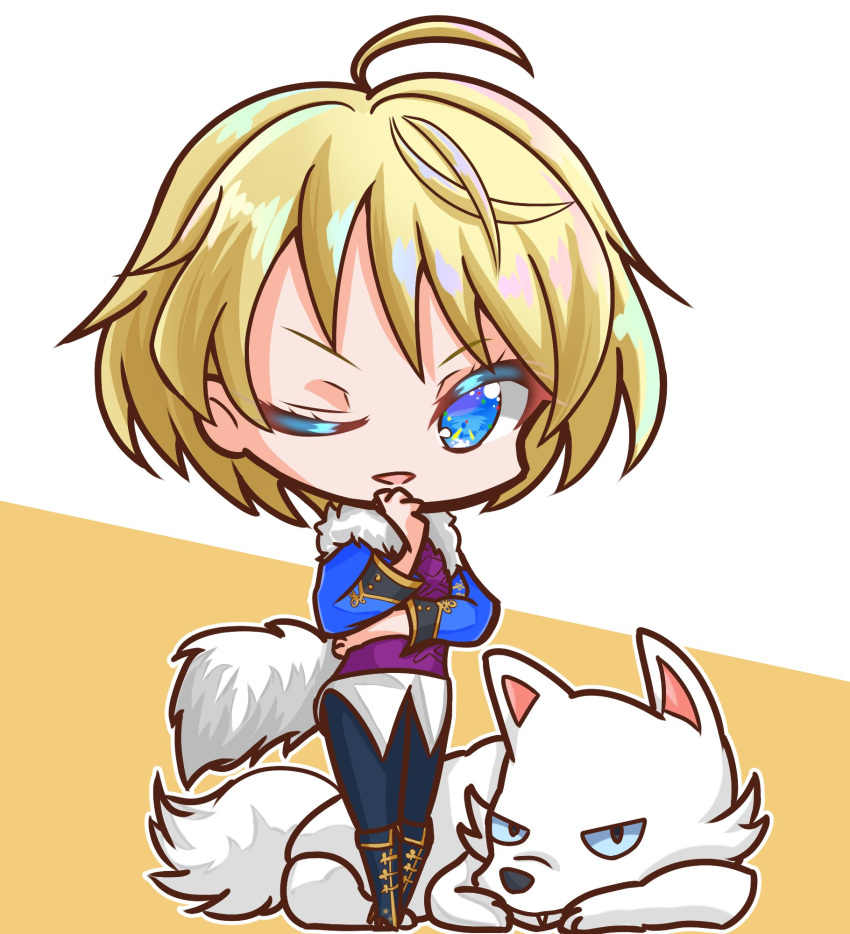 1girl, ahoge, ascot, black_leggings, blonde_hair, blue_eyes, blue_jacket, fake_tail