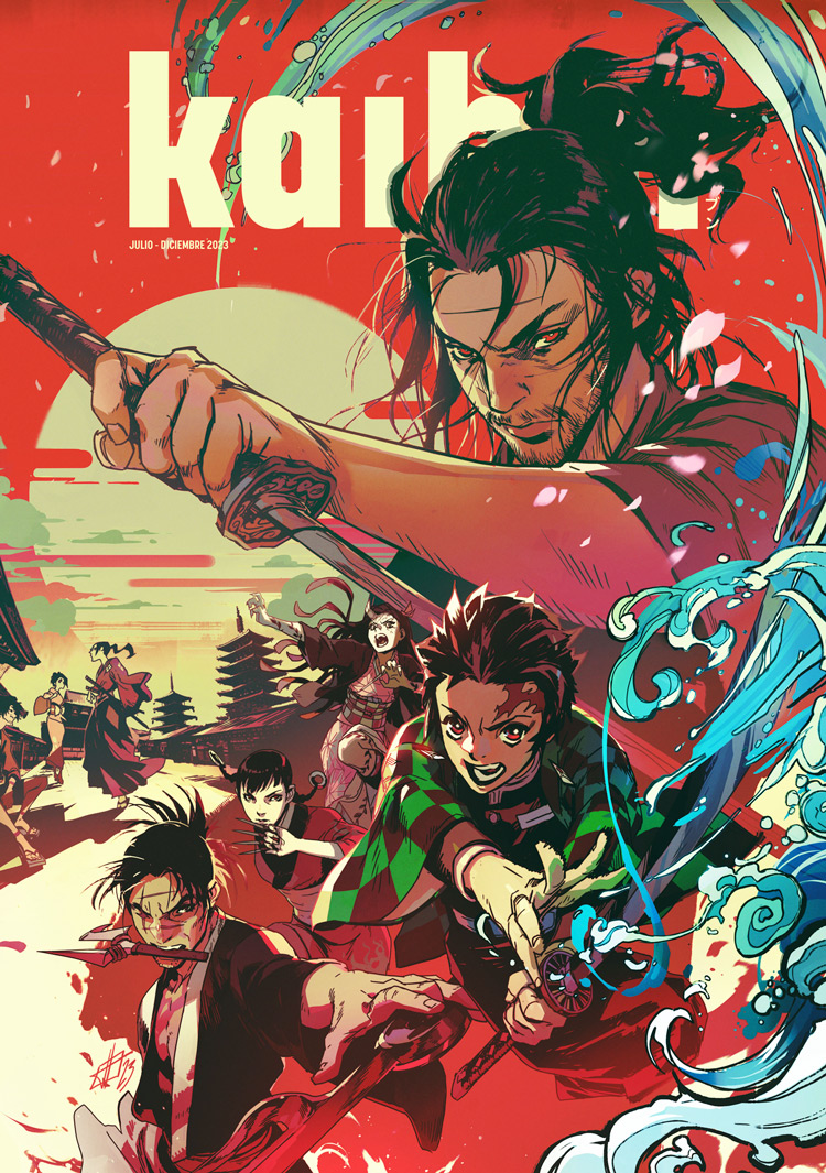 3girls, 5boys, architecture, asano_rin, beard, black_hair, blade_of_the_immortal, brown_hair