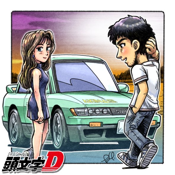 1boy, beard_stubble, black_eyes, black_hair, blue_dress, blue_eyes, blush, breasts, brown_hair, car, collared_shirt, commentary_request, dress, earrings, facial_hair, green_car, grey_footwear, hair_behind_ear, hand_on_own_head, hands_in_pockets, iketani_kouichirou, initial_d, jewelry, logo, long_hair, looking_at_another, looking_at_viewer, motor_vehicle, shirt, stubble