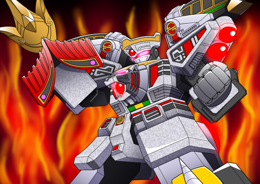 arm_blade, clenched_hand, clenched_hands, gosei_sentai_dairanger, helios_(divisar), highres, kibadaioh, lion, mecha, mecha_focus, no_humans, red_visor, robot, solo, standing, super_robot, super_sentai, tokusatsu, weapon, wrist_blades