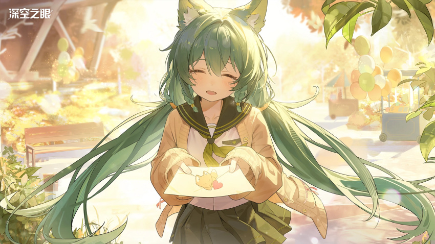 1girl, aether_gazer, animal_ear_fluff, animal_ears, balloon, bench, black_sailor_collar, black_skirt, blurry, blurry_background, bow, bowtie, braid, cardigan, cat_ears, cat_girl, chinese_commentary, closed_eyes, collarbone, commentary_request, cowboy_shot, crying, green_hair, hair_between_eyes, highres, holding, holding_letter, letter, light_blush, long_hair, low_twintails, market_stall, official_art, official_wallpaper, open_cardigan, open_clothes, open_mouth, osiris_(aether_gazer), outdoors, running_towards_viewer, sailor_collar, school_uniform, shirt, skirt, smile, solo, twin_braids, twintails, very_long_hair, white_shirt, yellow_bow, yellow_bowtie