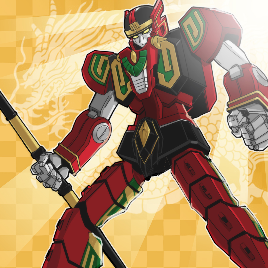 35-miya-7375, clenched_hand, dragon, fighting_stance, gattai, gosei_sentai_dairanger, holding, holding_staff, holding_weapon, mecha, robot, ryuuseioh, staff, super_sentai, teeth, tokusatsu, weapon, yellow_eyes