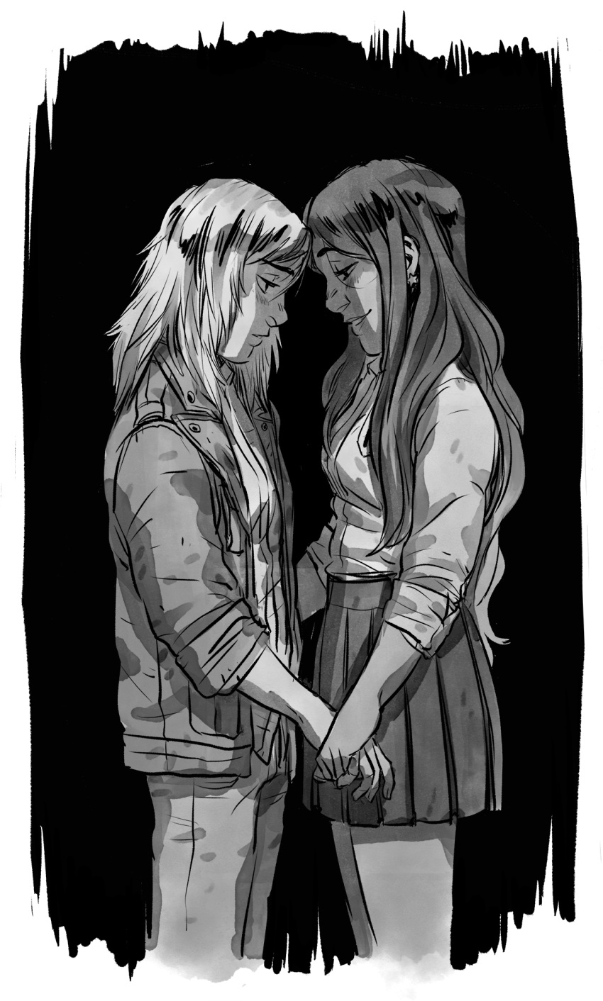 2girls, black_background, border, collared_shirt, colored_tips, cowboy_shot, greyscale, highres