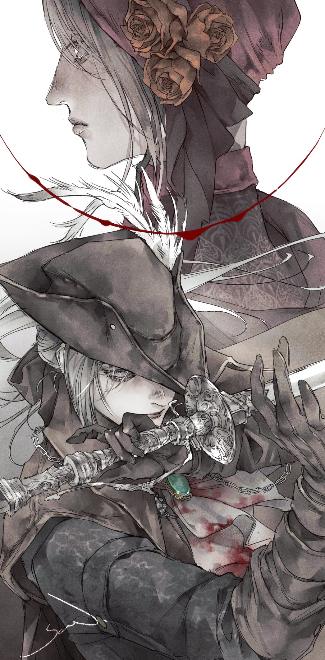 2girls, ascot, blood, blood_on_clothes, blood_stain, bloodborne, bonnet, burial_blade
