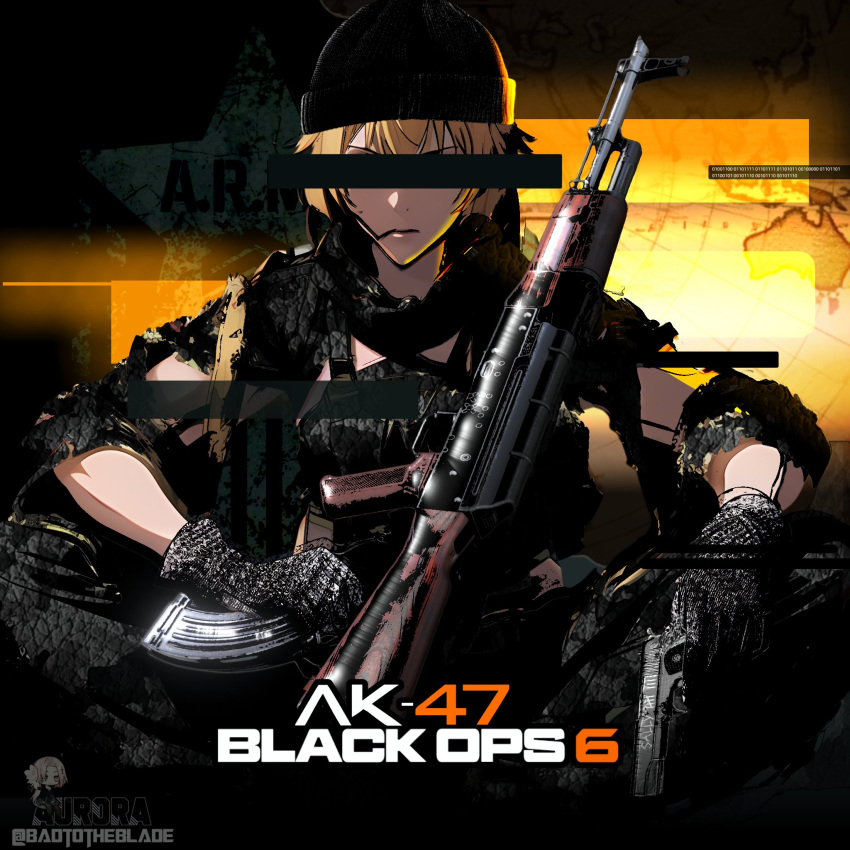 ak-47, ak-47_(girls'_frontline), assault_rifle, badtotheblade, call_of_duty:_black_ops_6, girls_frontline, gun, hat, highres, holding, holding_weapon, kalashnikov_rifle, masked_agent, military_hat, military_uniform, rifle, russian_army, undercover_cops, uniform, weapon