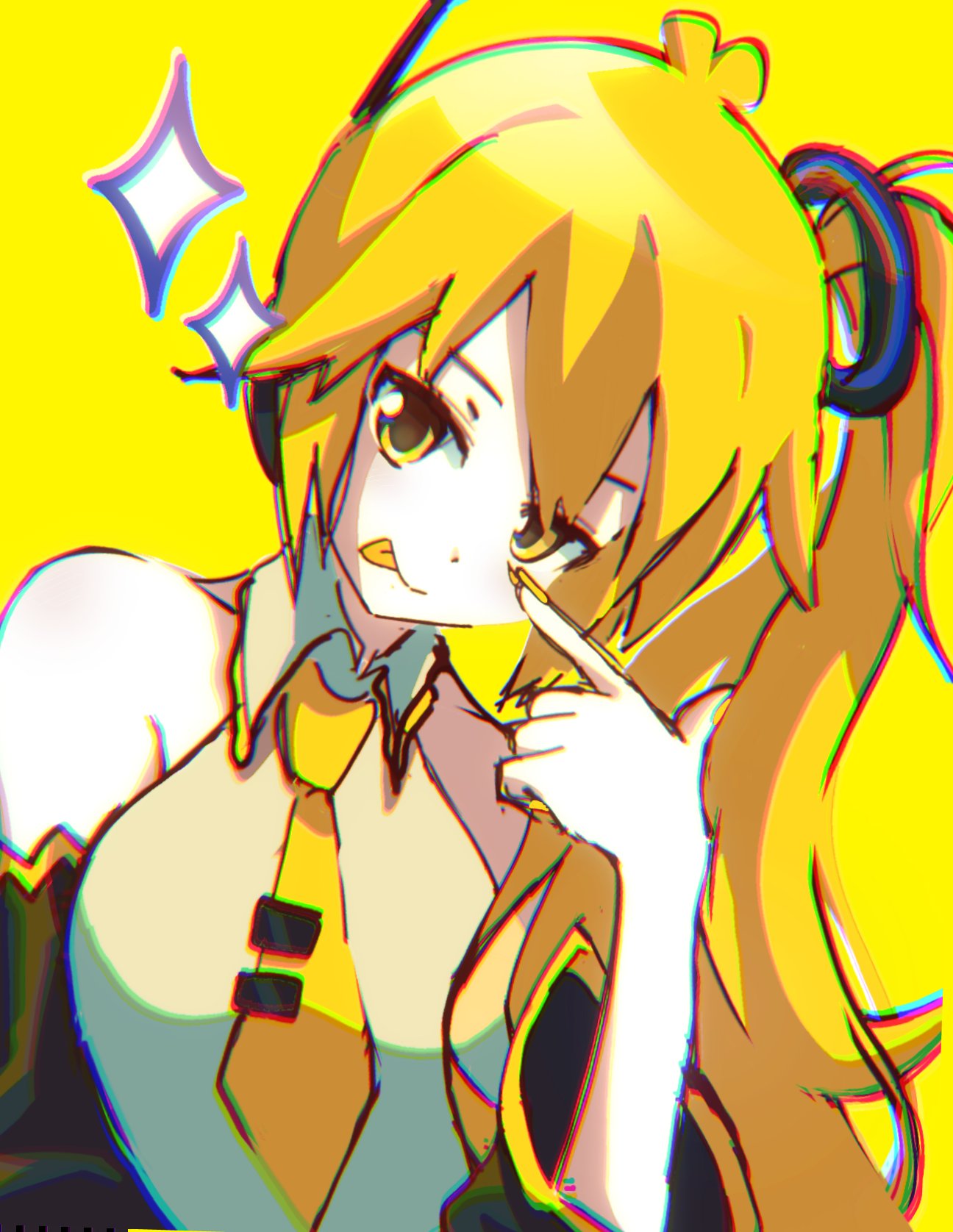 1girl, akita_neru, bare_shoulders, black_sleeves, blonde_hair, chromatic_aberration, closed_mouth, collared_shirt