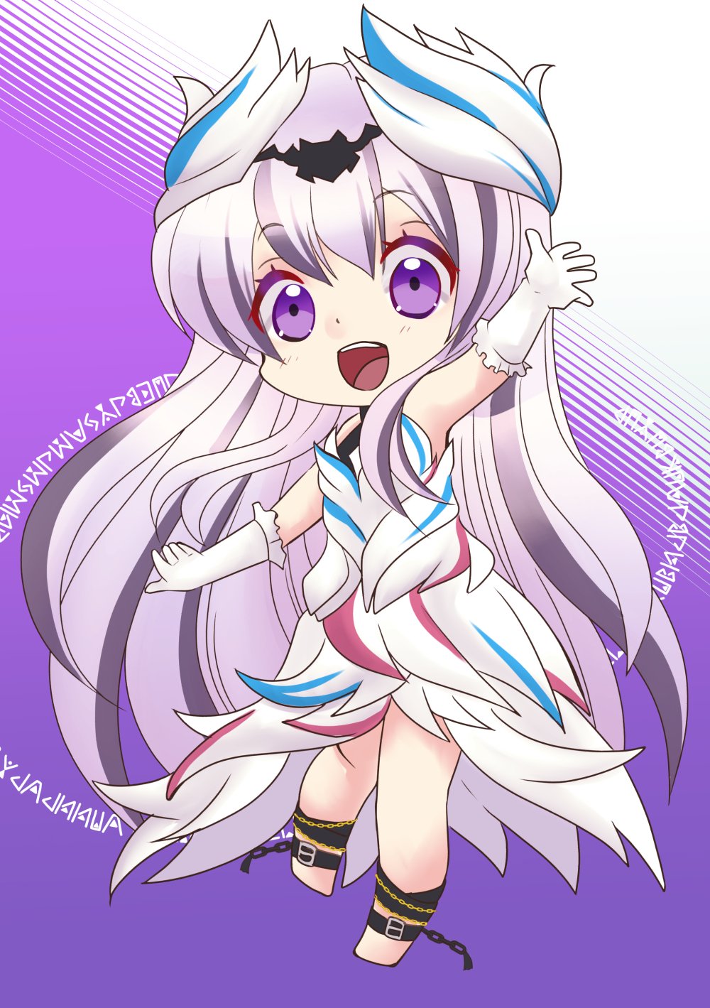1girl, black_choker, black_hair, choker, feather_dress, feather_hair_ornament, feathers, fire_emblem, fire_emblem_engage, grey_hair, hair_ornament, highres, long_hair, looking_at_viewer, multicolored_hair, solo, split-color_hair, sylphy_fe, two-tone_hair, very_long_hair, veyle_(fire_emblem), violet_eyes, wavy_hair, white_hair, wing_hair_ornament