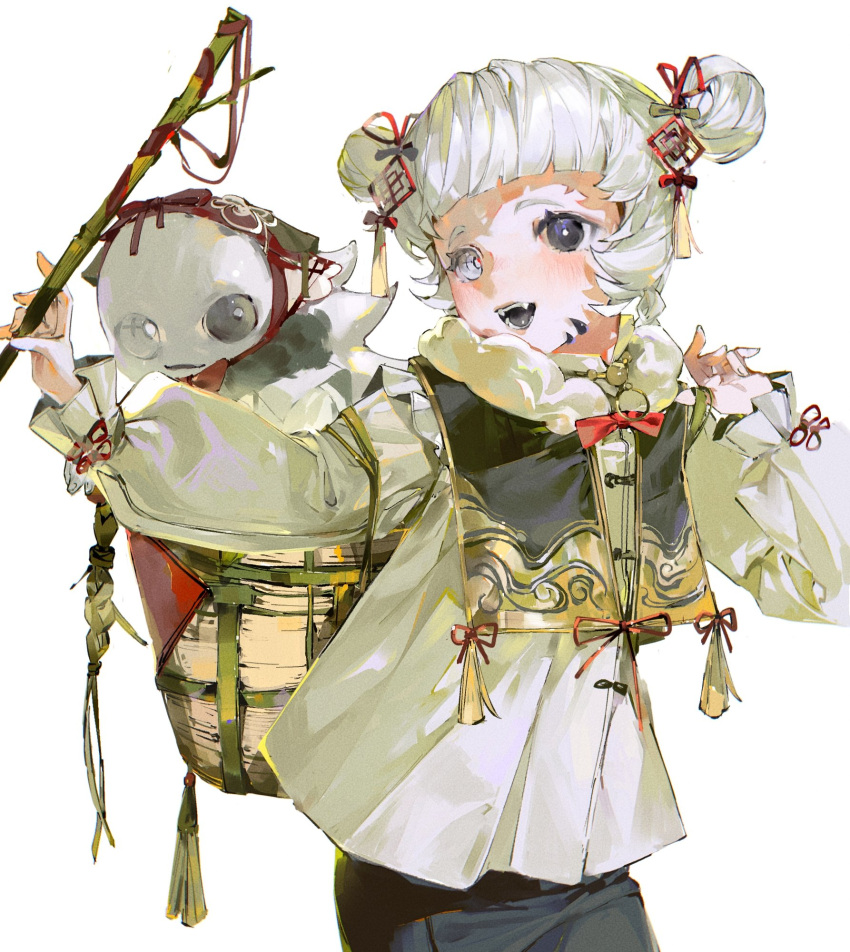 1girl, 1other, baifeidaiwang, basket, black_eyes, black_pants, blunt_bangs, blush