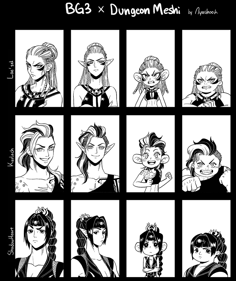 3girls, alternate_species, angry, baldur's_gate, baldur's_gate_3, broken_horn, circlet, dungeon_meshi