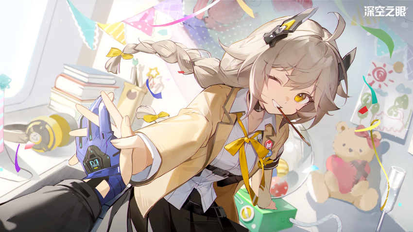 1girl, 1other, aether_gazer, ahoge, badge, belt, black_belt, black_choker