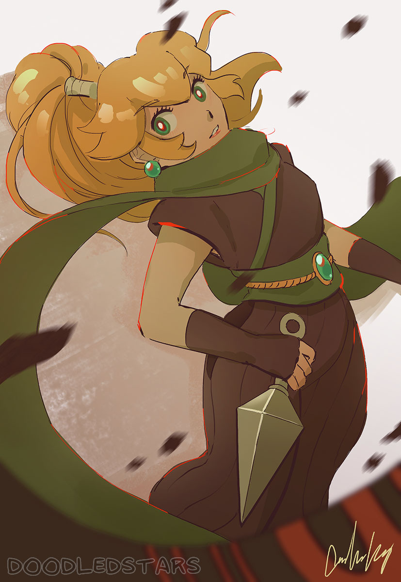 1girl, artist_name, black_hakama, black_kimono, blonde_hair, blue_gemstone, bright_pupils, brooch