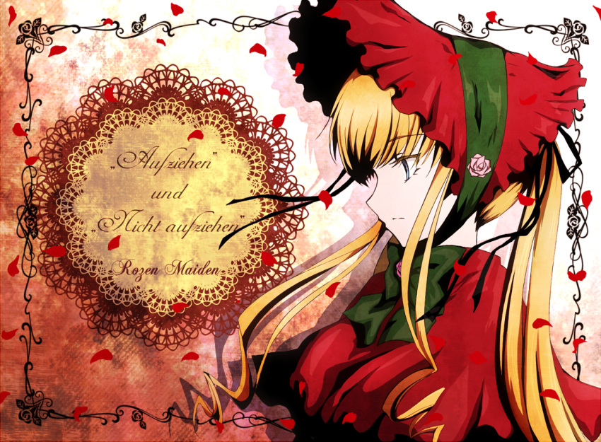 1girl, blonde_hair, blue_eyes, bonnet, bow, bowtie, capelet, closed_mouth, commentary_request, drill_hair, drill_sidelocks, expressionless, flower, flower_brooch, german_text, green_bow, green_bowtie, lolita_fashion, long_hair, medium_bangs, mm17, petals, pink_flower, pink_rose, profile, red_bonnet, red_capelet, rose, rozen_maiden, shinku, sidelocks, solo, translation_request, twintails, upper_body