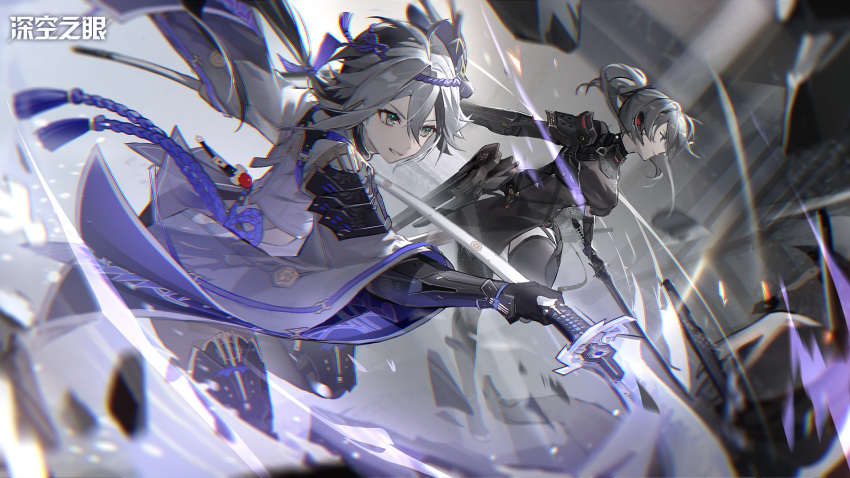 2girls, aether_gazer, armor, black_bodysuit, black_gloves, black_hair, black_thighhighs, bodysuit