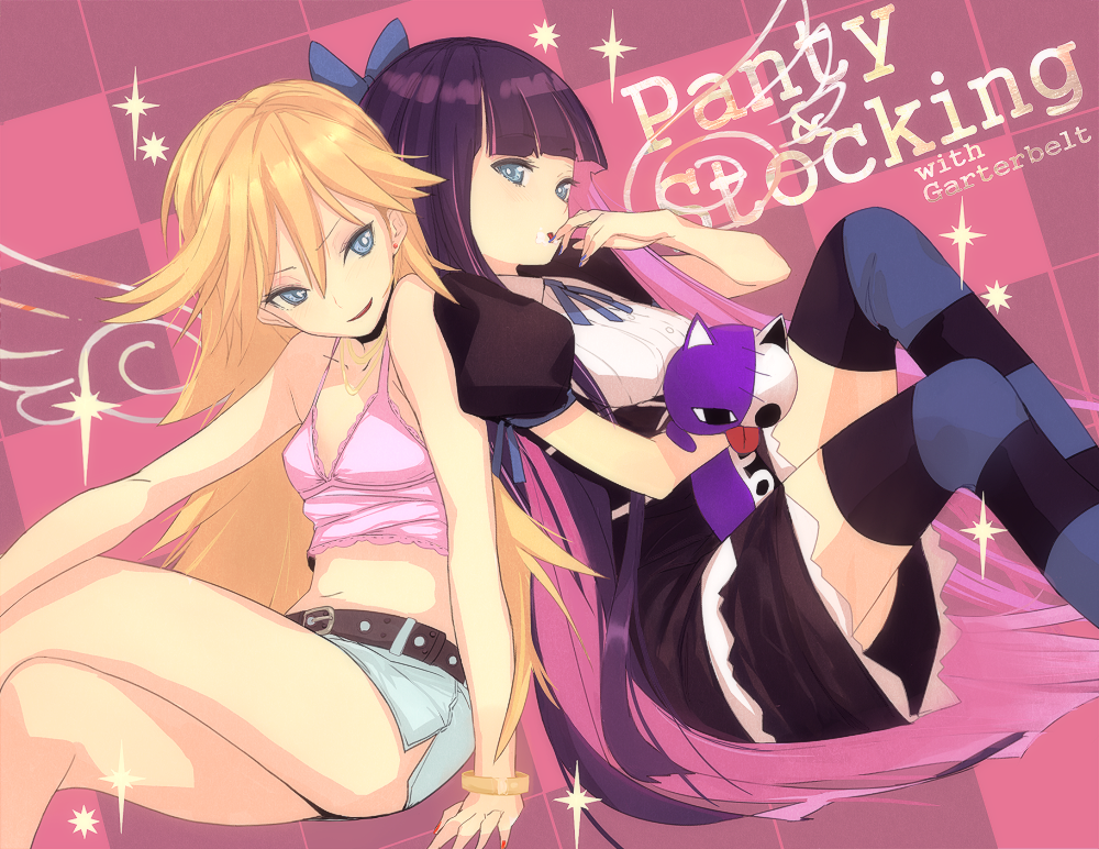 back-to-back, bangs, bare_legs, blonde_hair, blue_eyes, blue_hair, blunt_bangs, bow