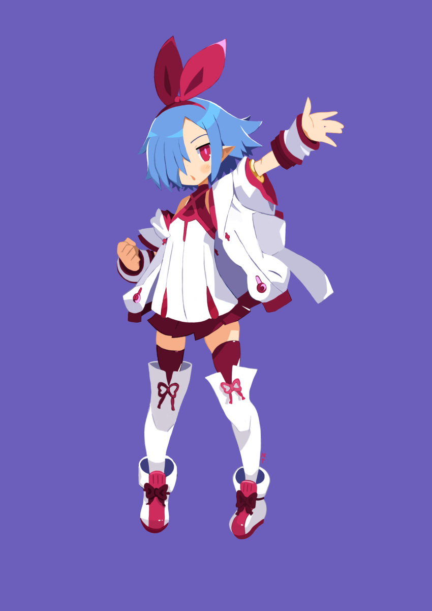 1girl, absurdres, blue_hair, cosplay, demon_girl, disgaea, english_commentary, flat_chest, full_body, hair_over_one_eye, hair_ribbon, hairband, highres, jacket, makai_draws, marona_(phantom_brave), marona_(phantom_brave)_(cosplay), open_clothes, open_jacket, parted_lips, phantom_brave, phantom_brave:_yuurei_sendan_to_kieta_eiyuu, pleinair, pointy_ears, purple_background, red_eyes, red_hairband, red_skirt, ribbon, short_hair, skirt, solo, thigh-highs, waving