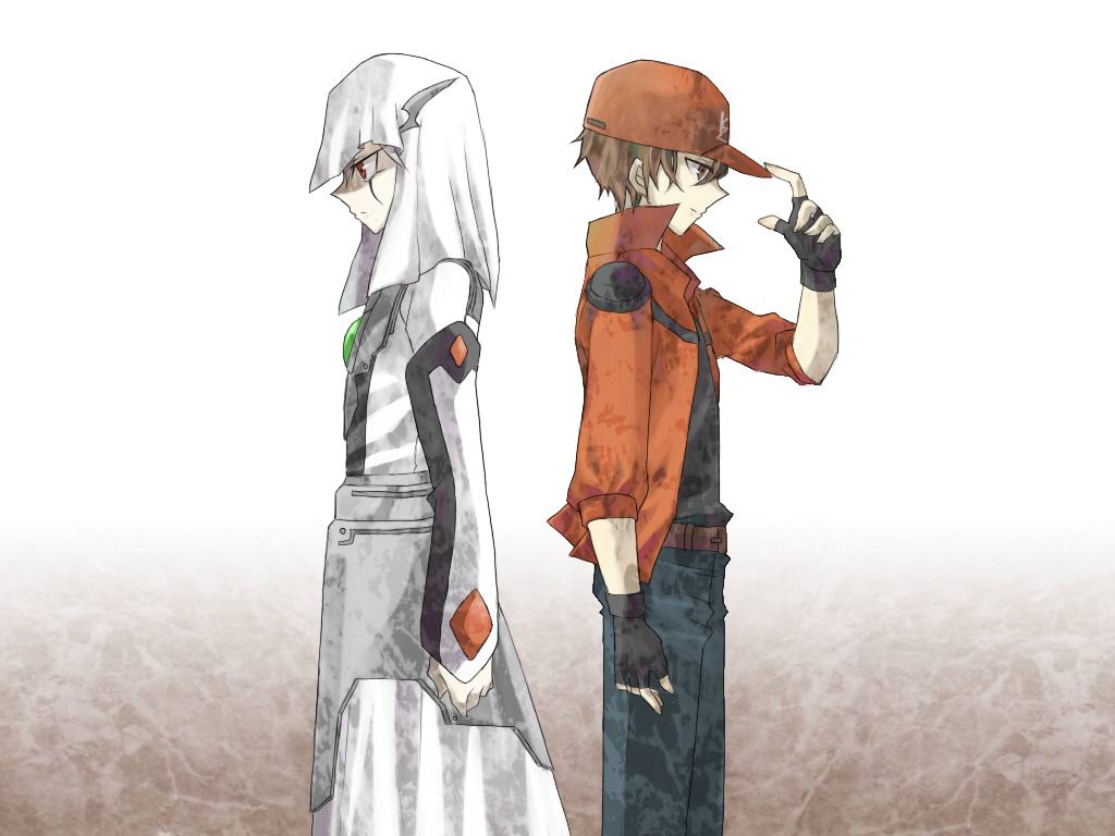 2boys, belt, black_shirt, brown_eyes, brown_hair, cloak, decorations, denim, facing_away, facing_to_the_side, fingerless_gloves, gloves, hood, hooded_cloak, jacket, jeans, konami-kun, multiple_boys, open_clothes, open_jacket, pants, placido, red_eyes, red_jacket, redhead, shirt, white_background, yu-gi-oh!, yu-gi-oh!_5d's, yu-gi-oh!_tag_force