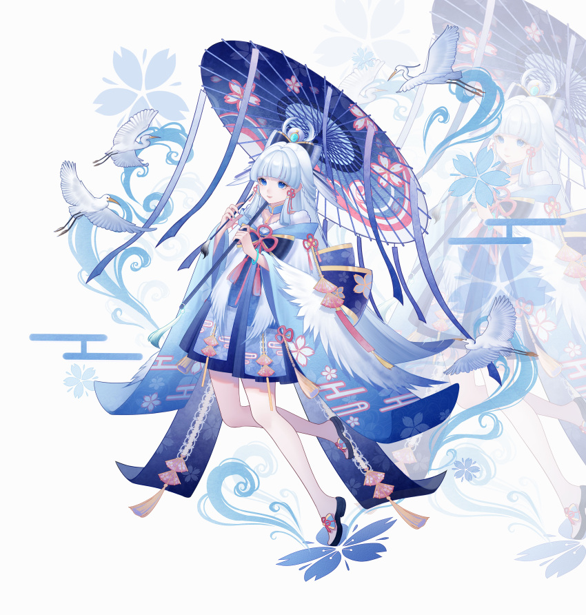 1girl, absurdres, alternate_costume, arched_bangs, bird, blue_collar, blue_dress, blue_eyes
